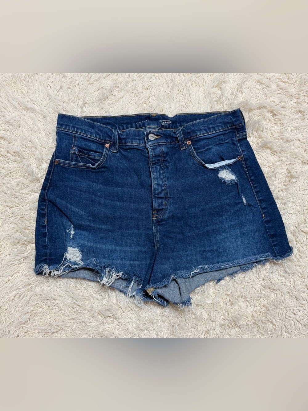 Old Navy women’s 14 Dark Blue Denim Distressed high waisted Shorts